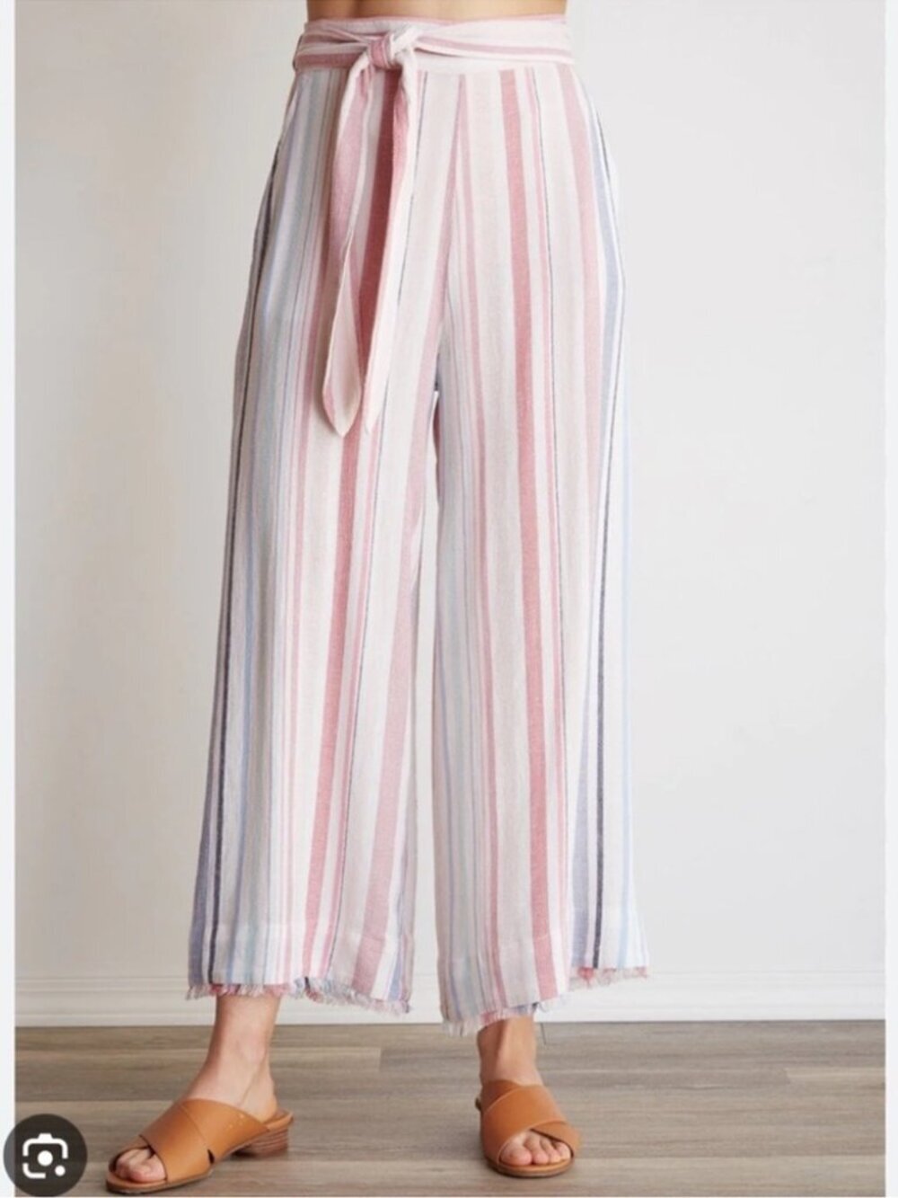 Anthro Cloth & Stone Stripe Pants XS Linen Pullon Flat Front Frayed Hem Wide Leg